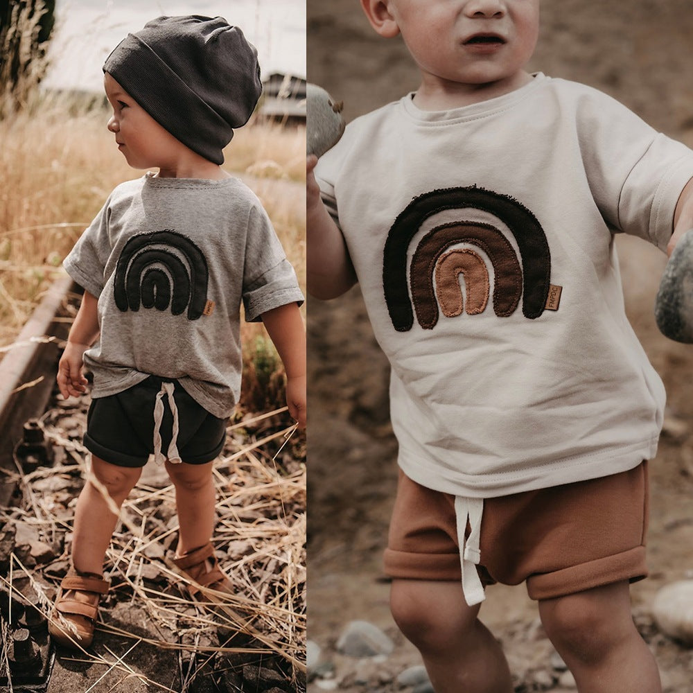 Baby Boys And Girls Cute Round Neck Rainbow Embroidered Short Sleeve