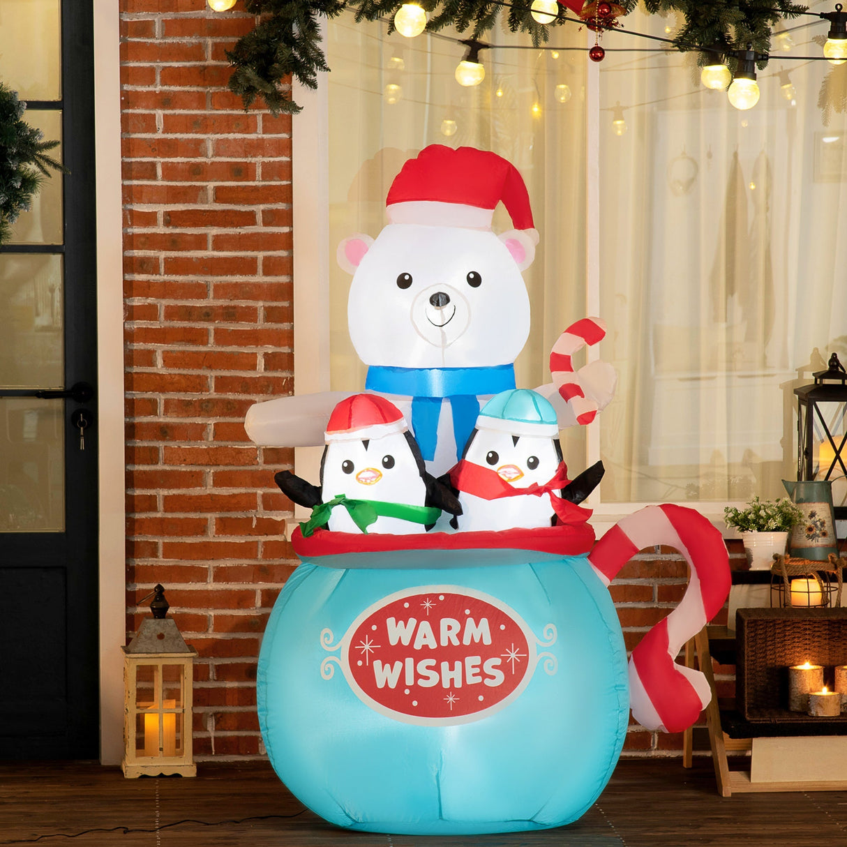 Outsunny 5ft Christmas Inflatable Outdoor Decoration Blessed Polar Bear and Penguins in the Cup