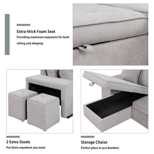 Pull Out Sleeper Sofa Reversible L-Shape 3 Seat Sectional Couch With Storage Chaise And 2 Stools For Living Room Furniture Set - Gray by Couch.com