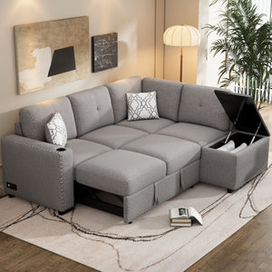 Sectional Pull-Out Sofa Bed L-Shaped Corner Sofa Couch With Storage Chaise, USB Ports, Power Sockets, Cup Holder For Living Room, Bedroom, Study by Couch.com