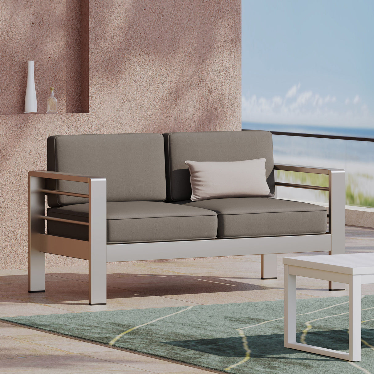 Couch.com Outdoor Aluminum Loveseat With Cushion Gray, Weather-Resistant, Fabric Construction, Pearl Silver Finish by Couch.com