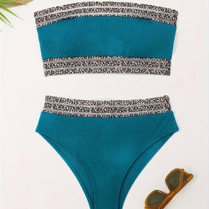 Bikini Leopard Print High Waist Bandeau 2 Piece Swimsuit for Women – Super Stretchy Bikini Set with Seductive Mesh Detail and Flattering Fit – Chic Animal Print Swimwear for Beachwear Poolside and Summer Vacations