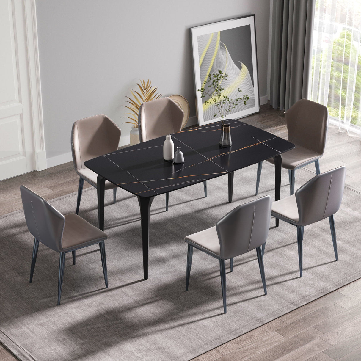 63" Artificial Stone Black Curved Black Metal Leg Dining Table, 6 People - Black by Couch.com