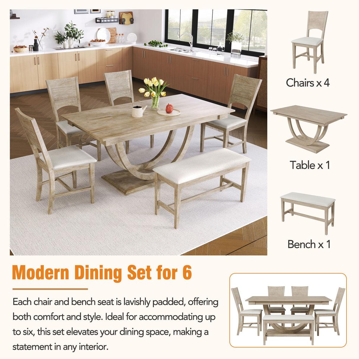 Topmax - 6 Piece Wood Half Round Dining Table Set Kitchen Table Set With Long Bench And 4 Dining Chairs, Modern Style by Couch.com