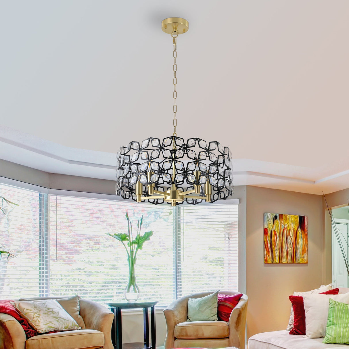 19' Geometric Crystal and BlackGold Round Pendant Chandelier