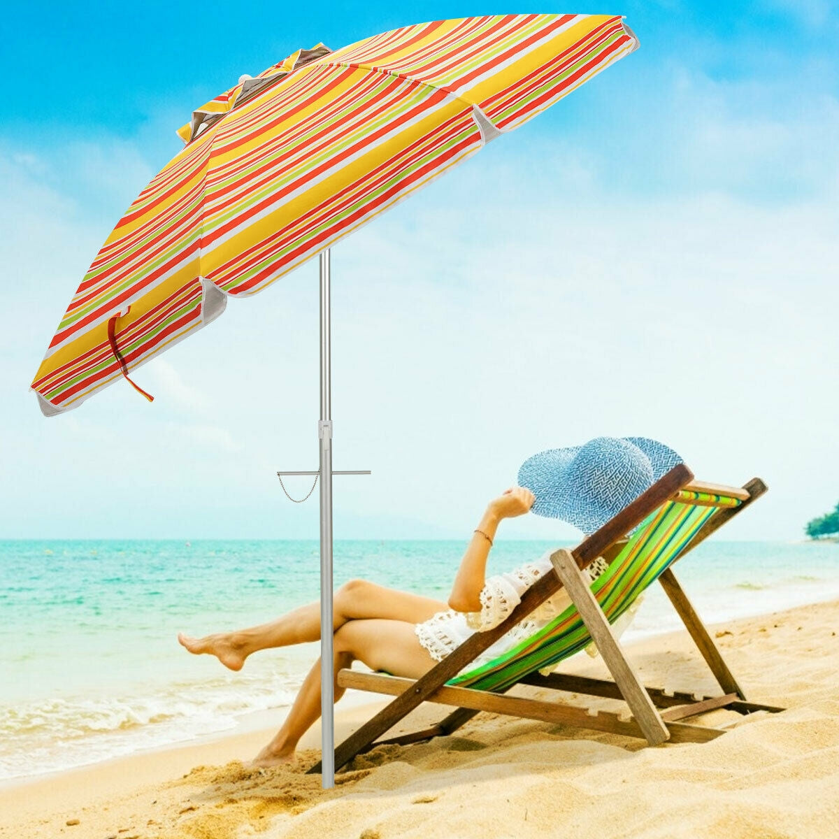 6.5 Feet Beach Umbrella with Sun Shade and Carry Bag without Weight Base-Blue