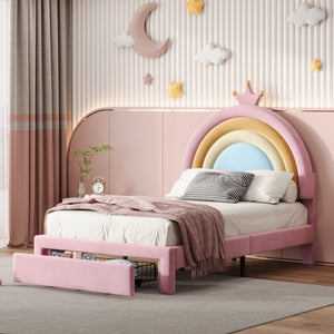 Upholstered Rainbow Design Bed, Princess Platform Bed With Storage Drawer
