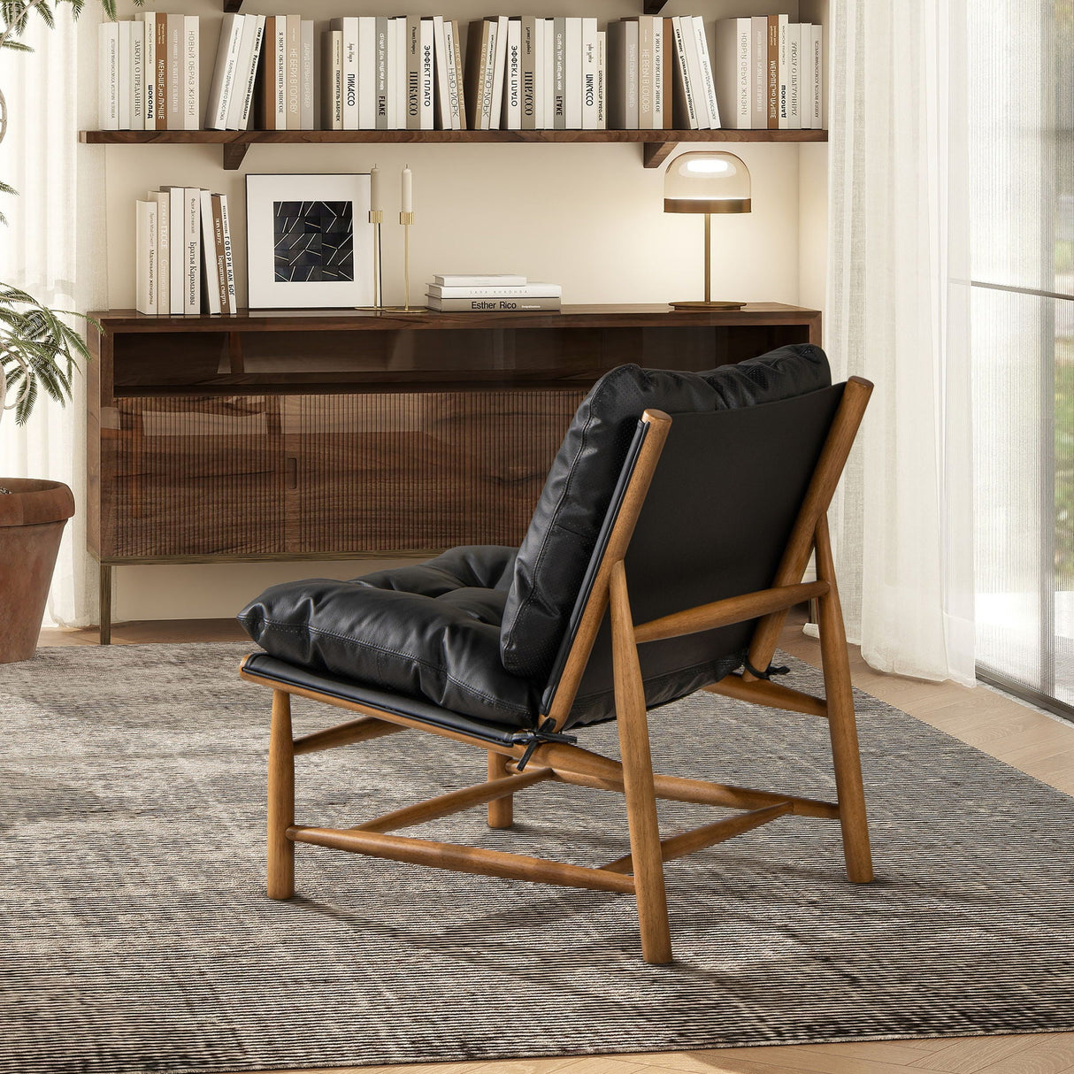 Oxford Leather Mid-Century Modern Accent Chair - Noir Black