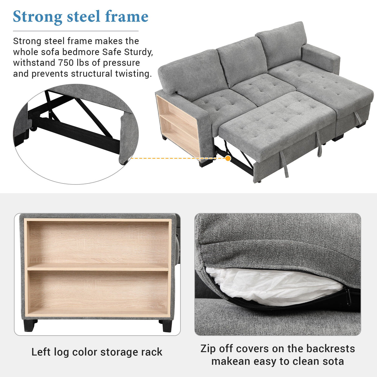 Stylish And Functional Light Chaise Lounge Sectional With Storage Rack Pull-Out Bed Drop Down Table And USB Charger by Couch.com