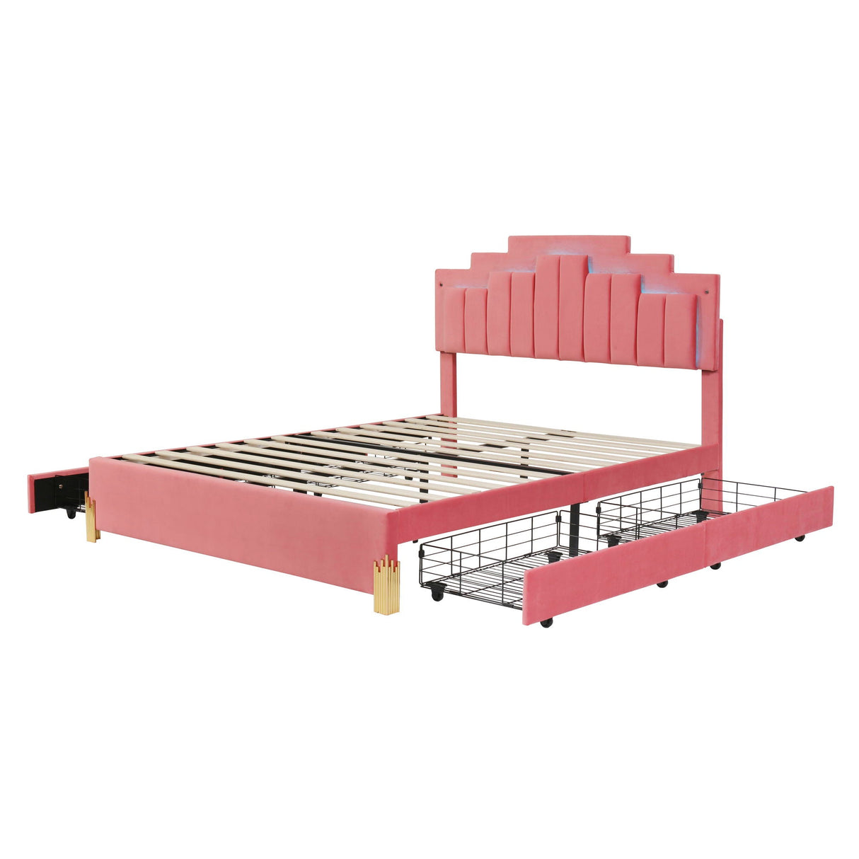 Queen Size Upholstered Platform Bed With LED Lights And 4 Drawers, Stylish Irregular Metal Bed Legs Design - Pink by Couch.com