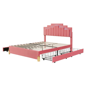Queen Size Upholstered Platform Bed With LED Lights And 4 Drawers, Stylish Irregular Metal Bed Legs Design - Pink by Couch.com