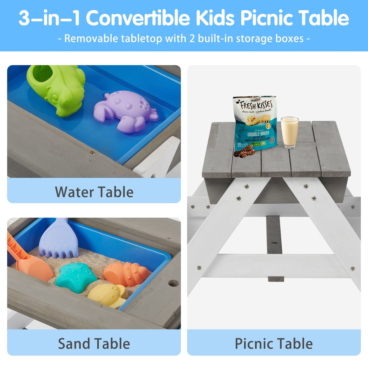3-In-1 Kids Outdoor Wooden Picnic Table With Umbrella, Convertible Sand & Water, ASTM & CPSIA Certification by Couch.com