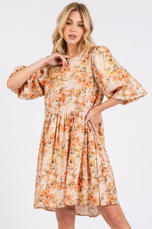 New Summer Flower Print Linen Blend Babydoll Mini Dress – Lightweight Floral Babydoll Dress with Relaxed Fit and Gathered Waist
