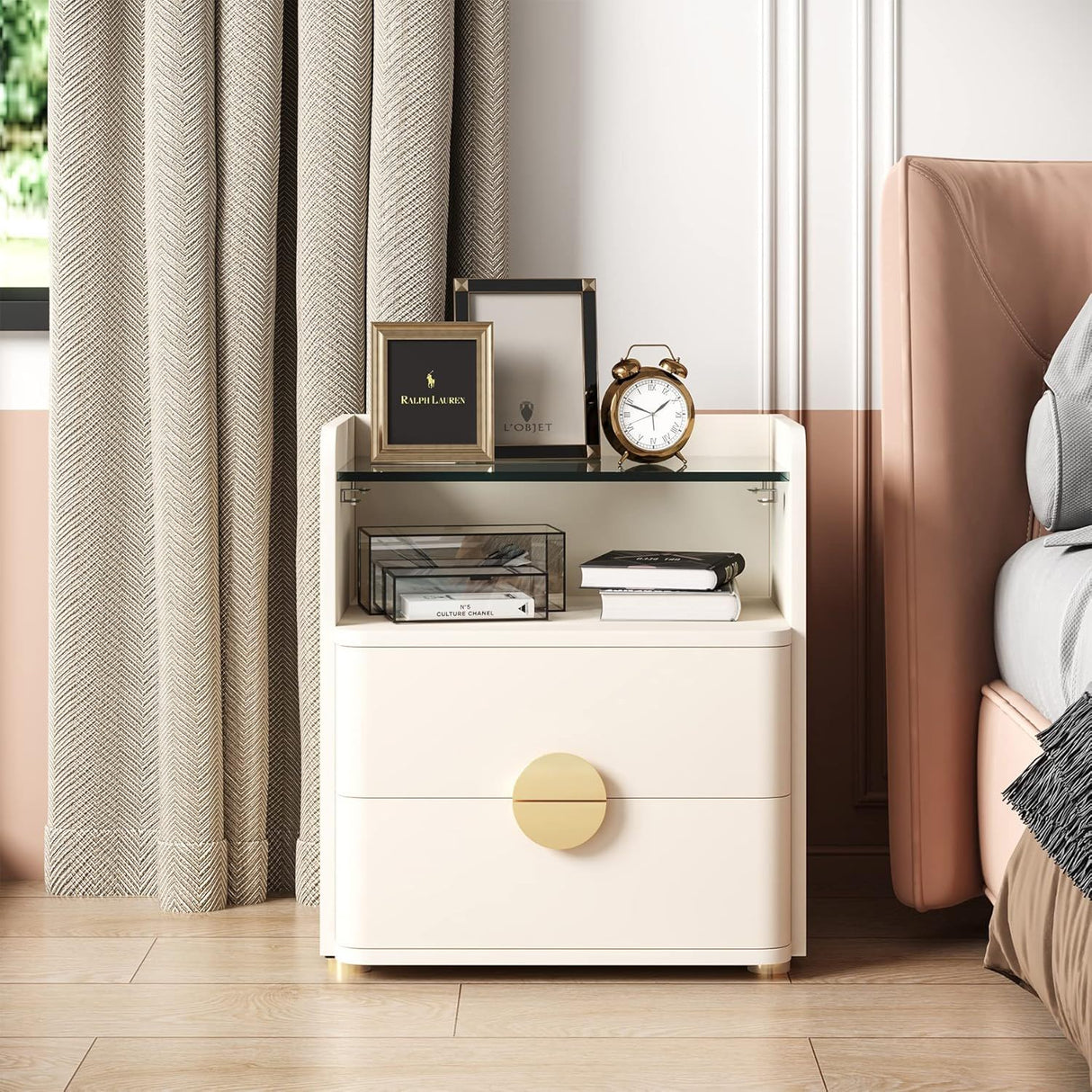 2 Drawer Nightstand With Open Shelf, Bedside Table - Beige