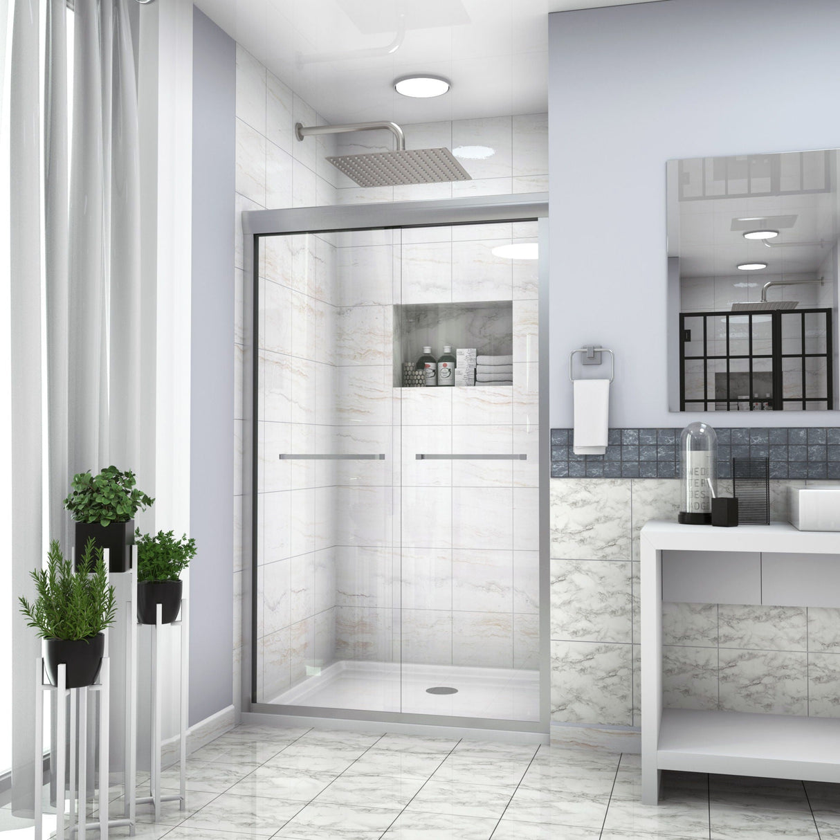 Modern Double Sliding Shower Enclosure, Tempered Glass