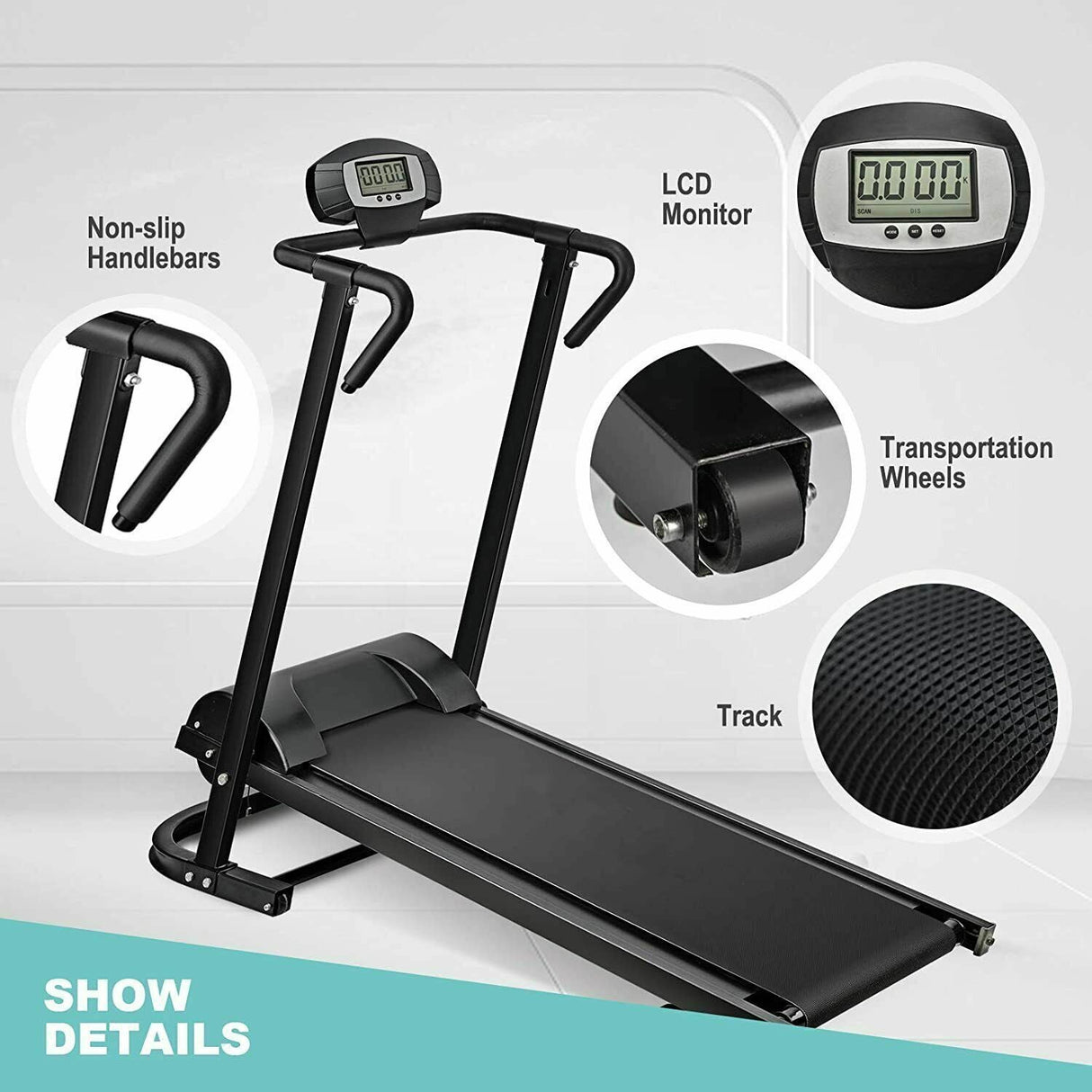 Folding Manual Walking Treadmill, Non-Electric Treadmill With Armrests And Lcd Display, Suitable For Aerobic Sport Fitness Equipment In Home Gym, Office, Apartment - Black by Couch.com