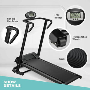 Folding Manual Walking Treadmill, Non-Electric Treadmill With Armrests And Lcd Display, Suitable For Aerobic Sport Fitness Equipment In Home Gym, Office, Apartment - Black by Couch.com