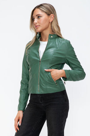 Women Classic Snobbish Faux Leather Zip-Up Drawstring Hooded Jacket Edgy & Casual PU Leather Jacket For Streetwear