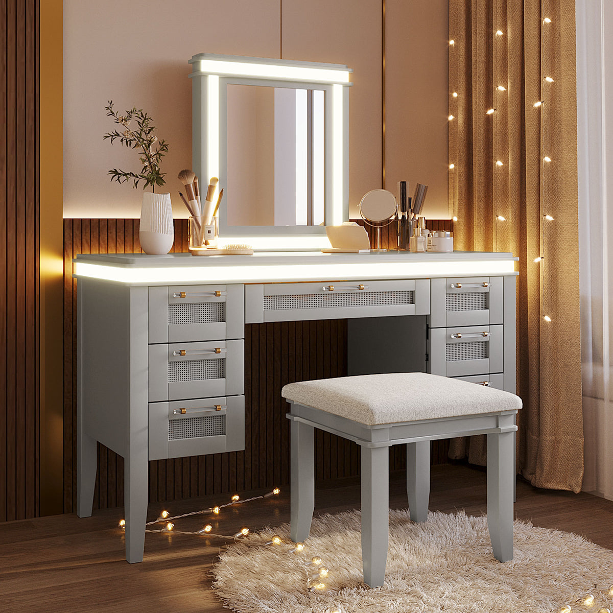 [OLD SKU: N704P337484E] 48' Vanity Desk with Mirror and Lights, Makeup Vanity with 7 Drawers and Cushioned Stool, Dressing Table with Hollow Design Drawer, Rubber Wood Legs, Greyblue