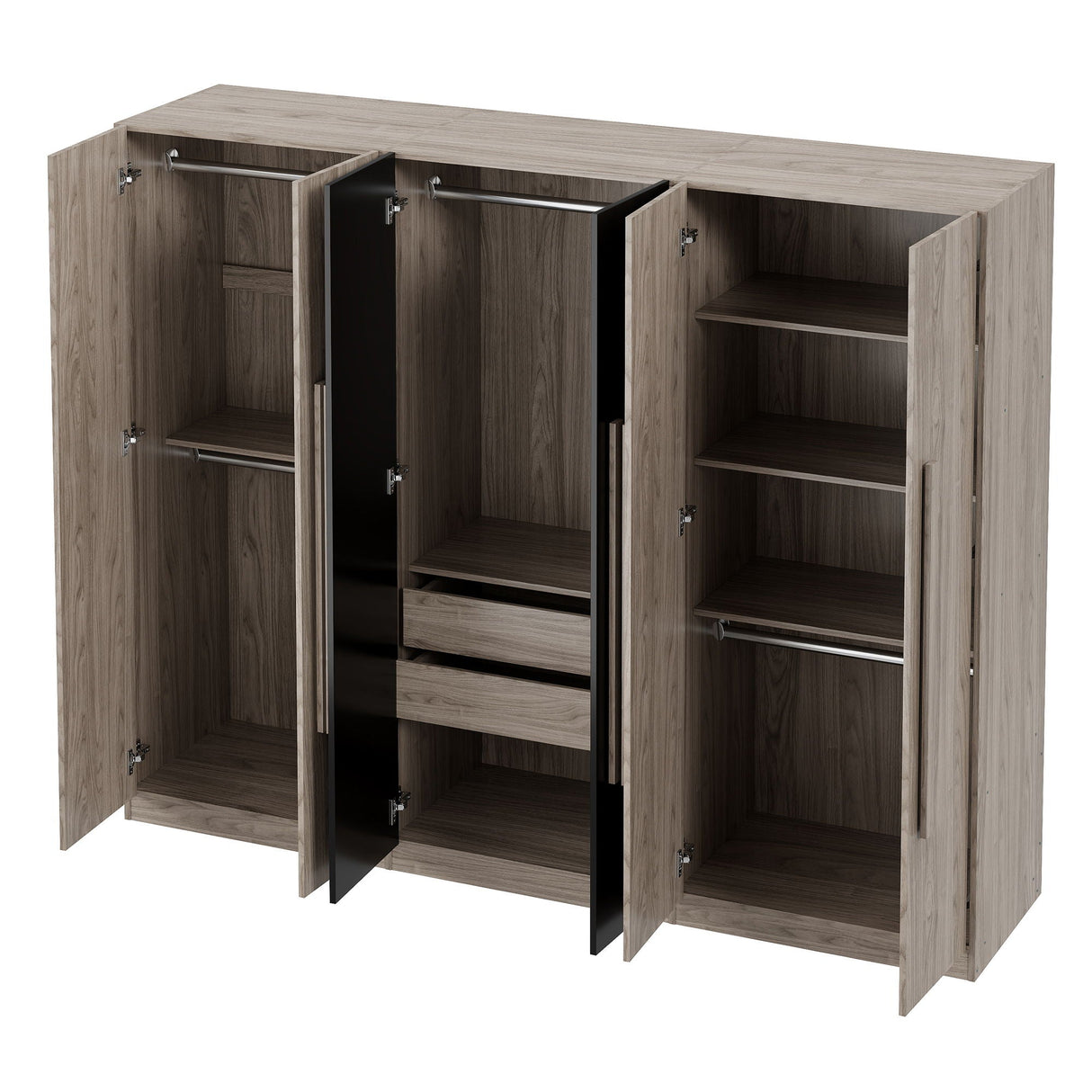 6 Doors Wardrobe Storage For Bedroom, With 2 Drawers Inside - Black / Nature by Couch.com