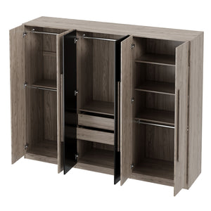 6 Doors Wardrobe Storage For Bedroom, With 2 Drawers Inside - Black / Nature by Couch.com