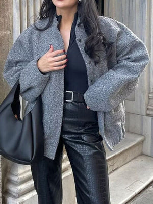 Autumn Casual Full Size Drop Shoulder Snap Down Jacket with Buttoned Front and Pockets