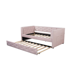 Twin Size Upholstered Tufted Daybed With Trundle - Pink by Couch.com