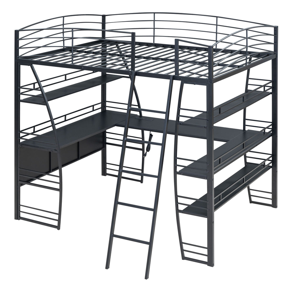 Loft Bed With 4 Layers Of Shelves And L-Shaped Desk, Stylish Metal Frame Bed With A Set Of Sockets, USB Ports And And Wireless Charging by Couch.com