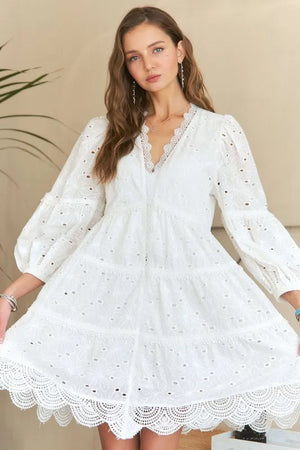 Lace Detail Tiered Eyelet V-Neck Babydoll Dress For Women – Feminine Boho Chic Dress, Fluttering, Elegant Lace & Eyelet