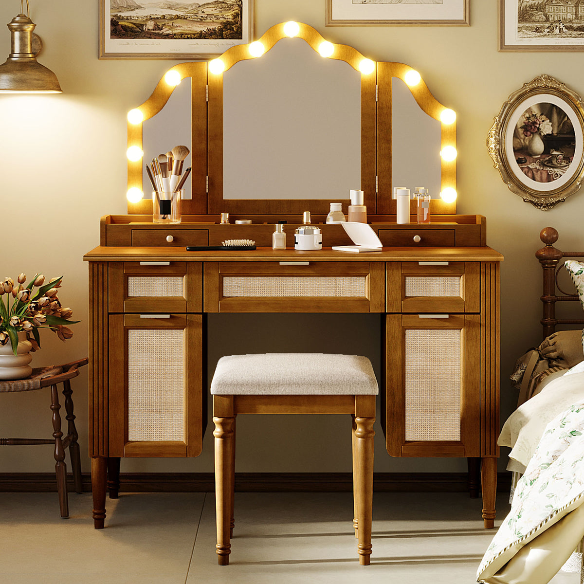 44.37' Makeup Vanity Desk with Stool Set, 13 Hollywood Bulbs & 3 Lighting Modes Dressing Table, Tri-Fold Mirror Large Vanity Table with Cushioned Stool, Charging Station, Ample Storage, Espresso