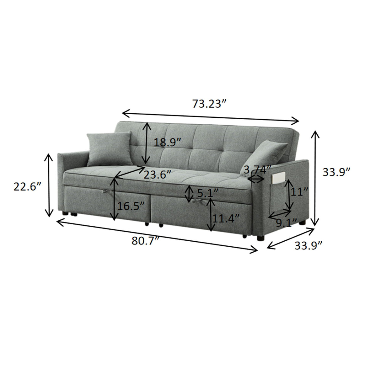 3 In 1 Convertible Sleeper Sofa Bed, Reclining Backrest, Pillows, Pockets by Couch.com