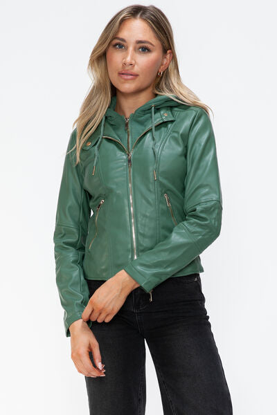 Women Classic Snobbish Faux Leather Zip-Up Drawstring Hooded Jacket Edgy & Casual PU Leather Jacket For Streetwear