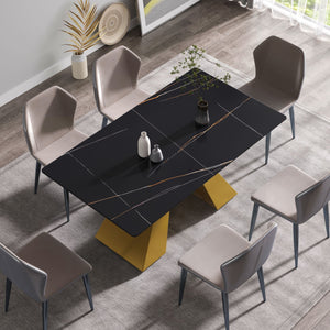 63" Modern Artificial Stone Black Straight Edge Golden Metal Leg Dining Table, 6 People - Black / Gold by Couch.com
