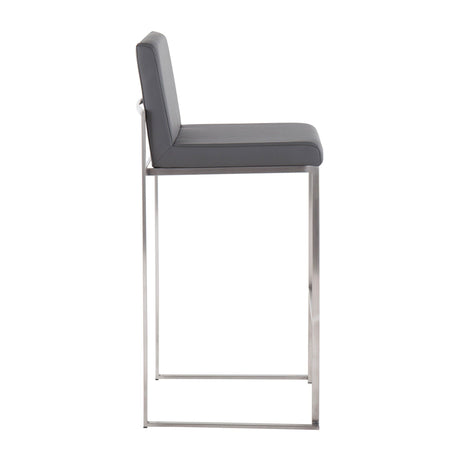 The Fuji - Contemporary And Modern Elegance High Back Barstool features a slim metal frame with square legs and a dark gray cushioned seat and back, showcased in a side view against a white background.