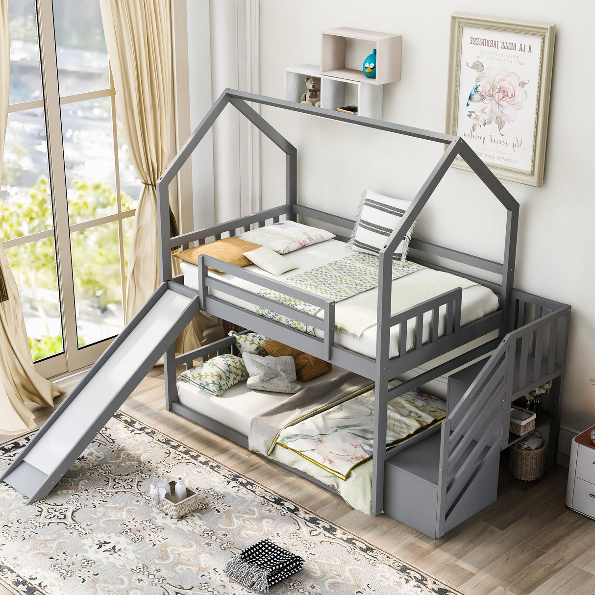 Twin Over Twin House Bunk Bed With Convertible Slide, Storage Staircase by Couch.com