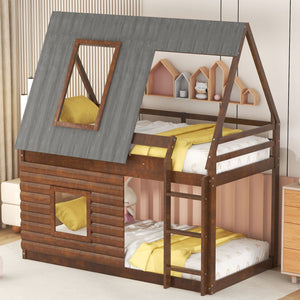 Wood Twin Size House Bunk Bed With Roof, Ladder And 2 Windows - Oak & Smoky Gray by Couch.com