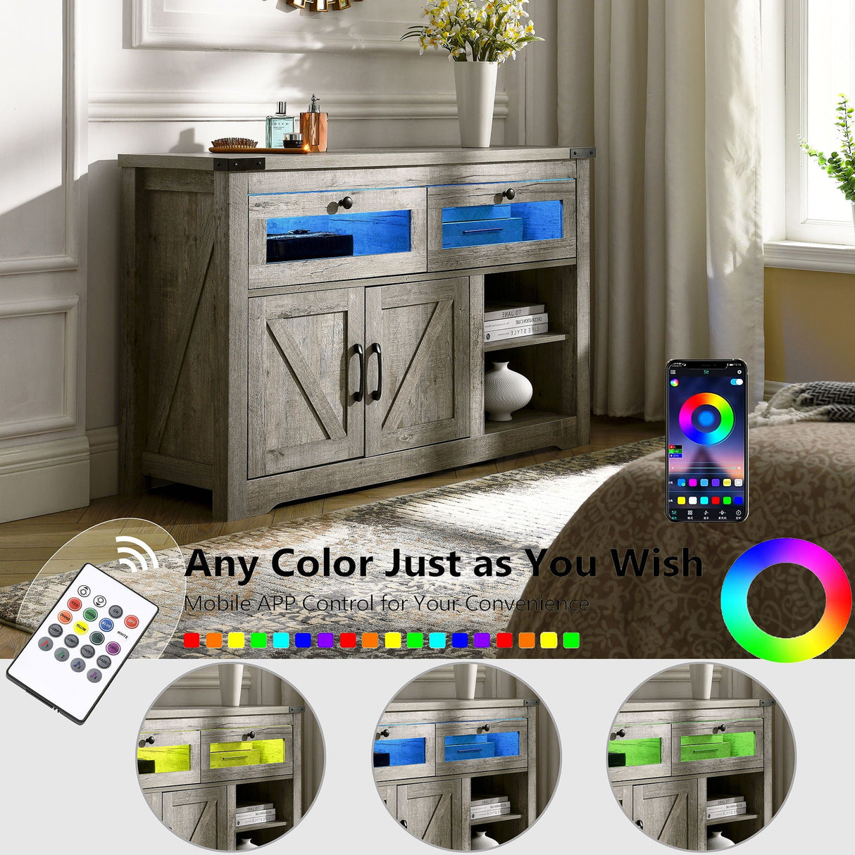 Modern Wooden Sideboard, Kitchen Buffet, Built-In With Adjustable Laminate And LED Lights, 2 Drawers And A Barn Door, Suitable For Kitchen, Dining Room, Living Room - Cement Gray by Couch.com