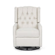 The Classic Design Manual Recliner Chair is a beige, tufted armchair with buttons, featuring a high back and cushioned seat on a circular dark base for 360-degree swiveling. It has a classic design and is displayed against a plain white background.