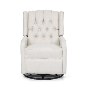 The Classic Design Manual Recliner Chair is a beige, tufted armchair with buttons, featuring a high back and cushioned seat on a circular dark base for 360-degree swiveling. It has a classic design and is displayed against a plain white background.