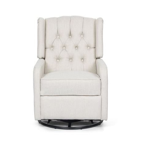 The Classic Design Manual Recliner Chair is a beige, tufted armchair with buttons, featuring a high back and cushioned seat on a circular dark base for 360-degree swiveling. It has a classic design and is displayed against a plain white background.