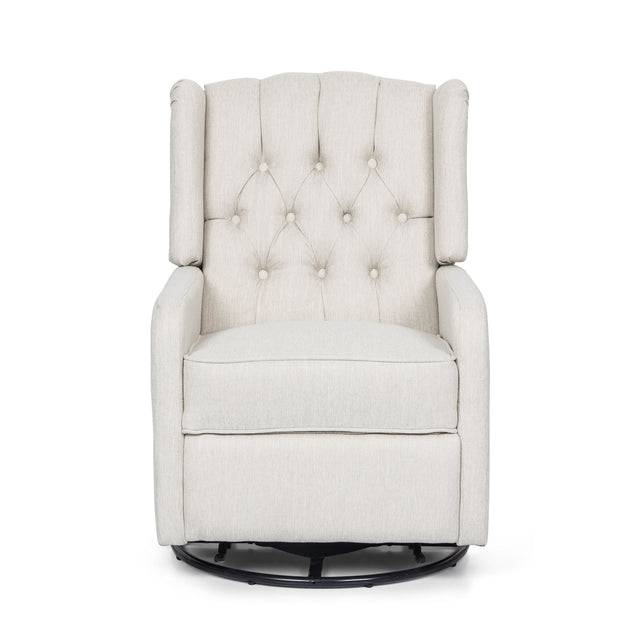 The Classic Design Manual Recliner Chair is a beige, tufted armchair with buttons, featuring a high back and cushioned seat on a circular dark base for 360-degree swiveling. It has a classic design and is displayed against a plain white background.