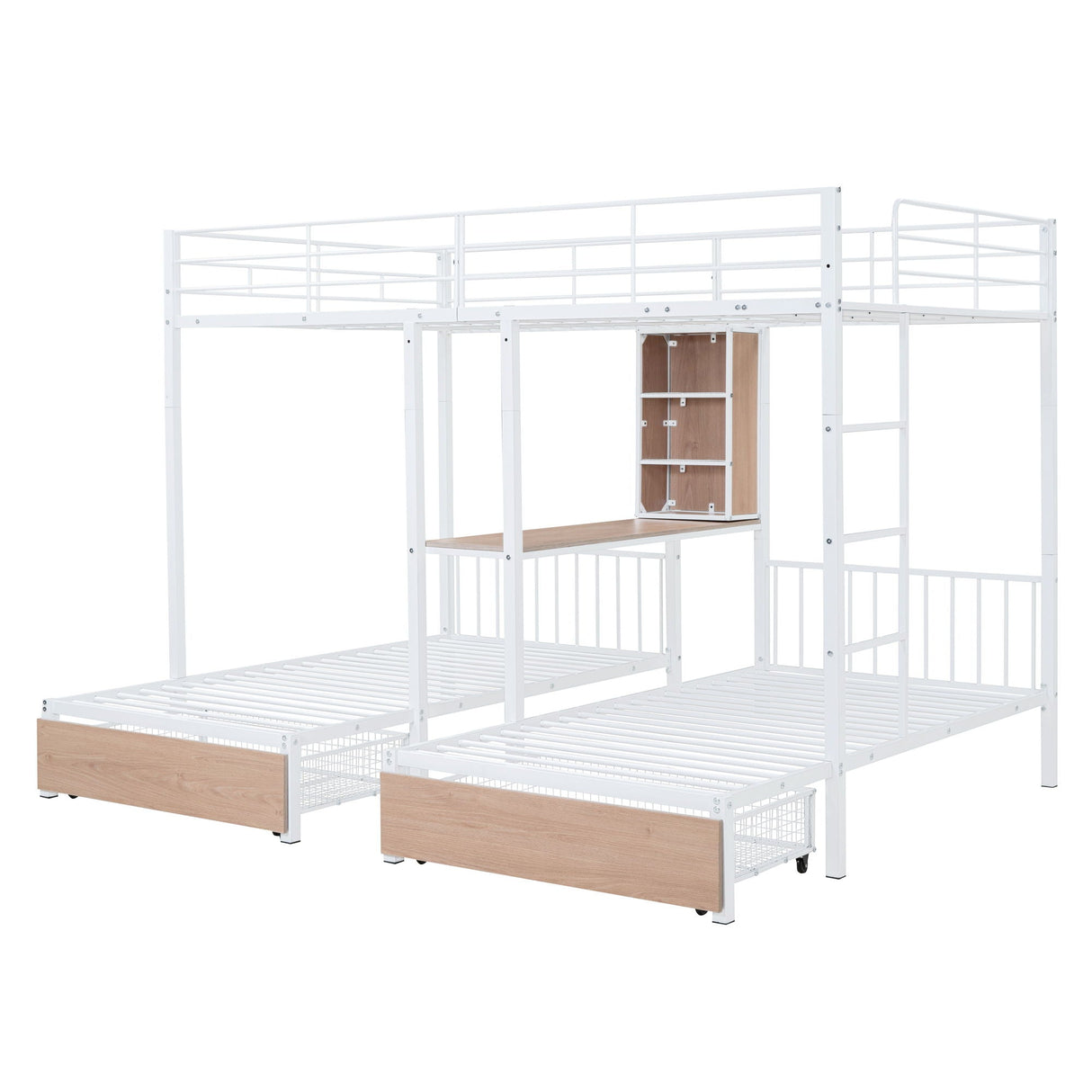 Triple Bunk Bed With Drawers, Multi-Functional Frame With Desks And Shelves In The Middle by Couch.com