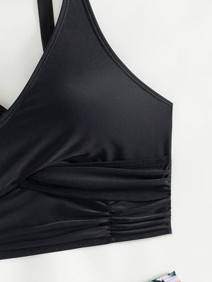 Bikini Solid Black Twist Front High Waist 2 Piece Swimsuit for Women – Stretchy V Neck Bikini Set with Ruched Tummy Control and Cross Strape Detail – Quick Drying Polyamide Swimwear for Beachwear Poolside and Summer Travel