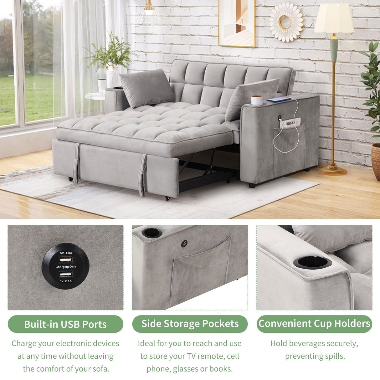 Multi Functional Sofa Bed With Cup Holder And USB Port For Living Room Or Apartments by Couch.com