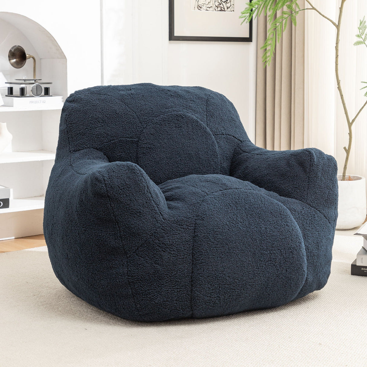 Comfy Bean Bag Chair With Filler, Tufted Memory Foam Sofa, Teddy Fabric, Fluffy And Cozy Seating For Dorm, Apartment, Or Living Room - Dark Blue by Couch.com