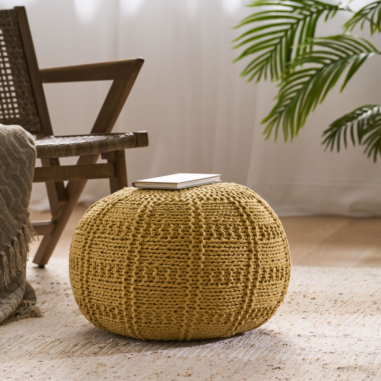 Yuny - Knitted Cotton Round Pouf With Modern Design - Yellow by Couch.com