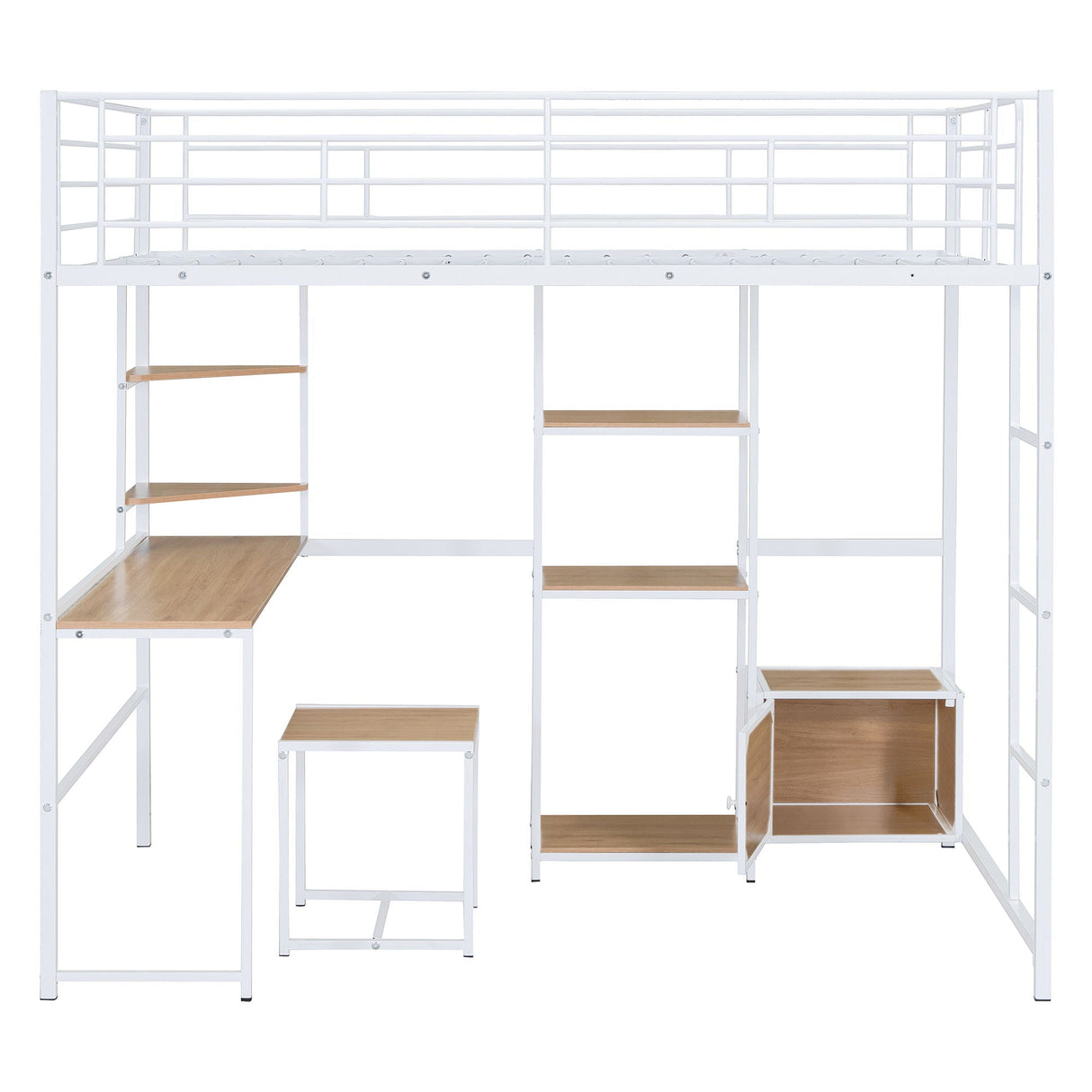 Full Size Loft Bed With Desk And Stool, With Open Style Wardrobe, Shelves And Cabinet - White by Couch.com
