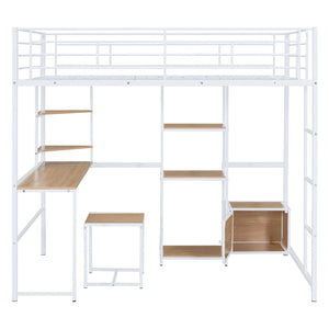 Full Size Loft Bed With Desk And Stool, With Open Style Wardrobe, Shelves And Cabinet - White by Couch.com