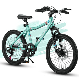20 Inch Kids' Bike, Boys Girls Mountain Bike Ages 6-12, 7 Speed Teenager Children Kids' Bicycles, Front Suspension Disc Brake Rear V-Brake, High Steel Frame