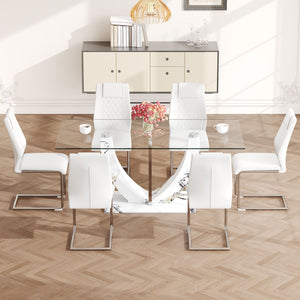 Table And Chair Set, Large Modern Rectangular Glass Table, Can Accommodate 6-8 People, Equipped With A 0.39" Tempered Glass Tabletop And MDF Table Legs.Paired With Comfortable And Soft Chairs - White / Pearl Silver by Couch.com